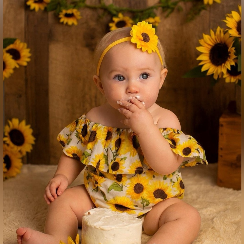 Sunflower Baby Romper Set | Off Shoulder Bubble romper with sunflower headband